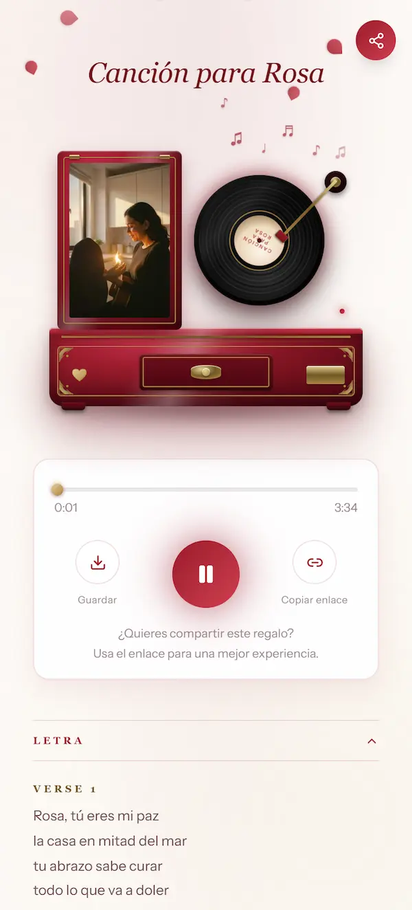 Página personalizada de pareja 🎵 Escucha la canción hecha solo para ella creada en Nuestra Canción